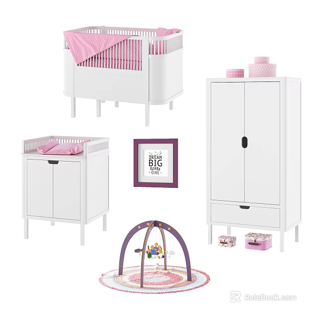 White Wardrobe in Pink Nursery Room With Storage Drawers and Baby Furniture 3d model 