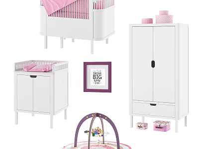 White Wardrobe in Pink Nursery Room With Storage Drawers and Baby Furniture 3d model