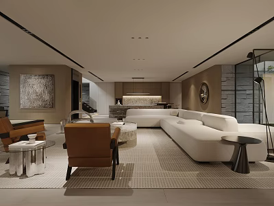 Modern Living Room With White Sofa Brown Armchairs Area Rug And Decorative Painting 3d model