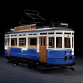 Classic Blue and White Electric Tram with Wooden Doors and Vintage Design