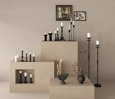 Decorative Candle Holders With Various Heights And Candles On Tiered Platforms 3d model