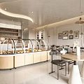 Dessert Shop Interior With Glass Display Cases Fresh Pastries Tables Chairs Hanging Lights Framed