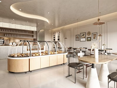 Dessert Shop Interior With Glass Display Cases Fresh Pastries Tables Chairs Hanging Lights Framed 3d model
