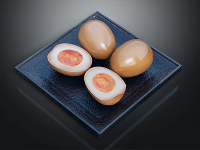 Marinated Chicken Eggs Sliced Open Showing Yolk On Black Square Plate 3d model