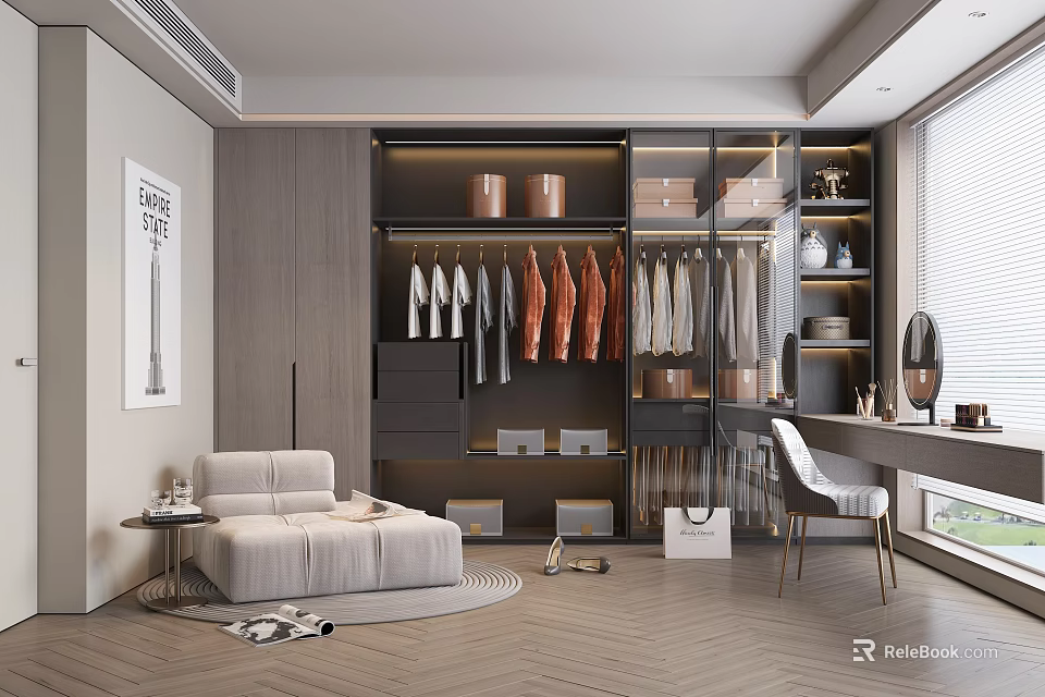 Modern Walk In Closet With Storage And Seating Area 3d model 