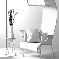 Blue Woven Accent Chair with Purple Pillow against Teal Wall and Side Table Vase