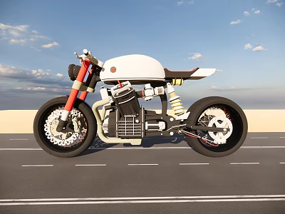 White Red Café Racer Motorcycle With Exposed Engine On Open Road Under Blue Sky 3d model