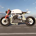 White Red Café Racer Motorcycle With Exposed Engine On Open Road Under Blue Sky