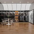 Modern Clothing Store Interior With Hanging Clothes Racks Display Cabinet And Chairs