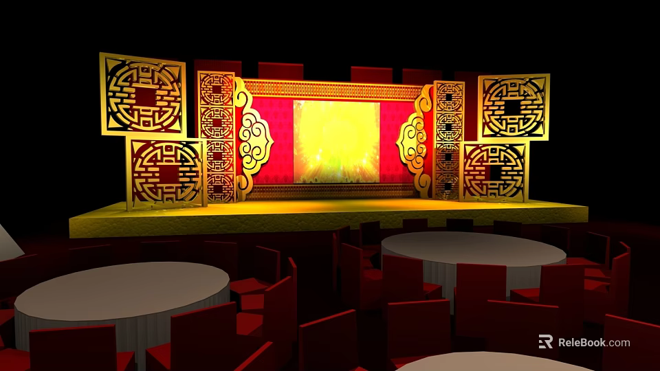 Traditional Chinese Stage With Red Background Yellow Tone Golden Carved Screens Round Tables Red Chairs 3d model 