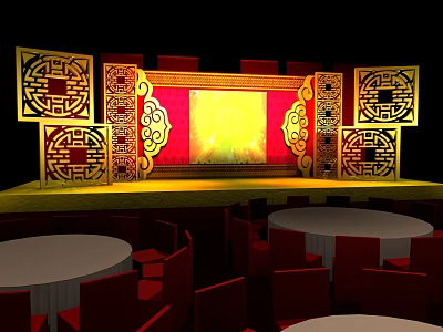 Traditional Chinese Stage With Red Background Yellow Tone Golden Carved Screens Round Tables Red Chairs 3d model