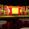 Traditional Chinese Stage With Red Background Yellow Tone Golden Carved Screens Round Tables Red Chairs