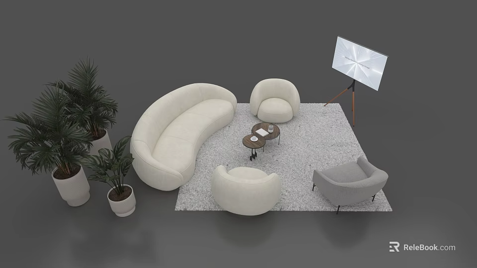 Modern Negotiation Table and Chairs with White Curved Sofa Round Table Plants and Projector Screen 3d model 