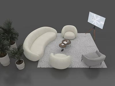 Modern Negotiation Table and Chairs with White Curved Sofa Round Table Plants and Projector Screen 3d model