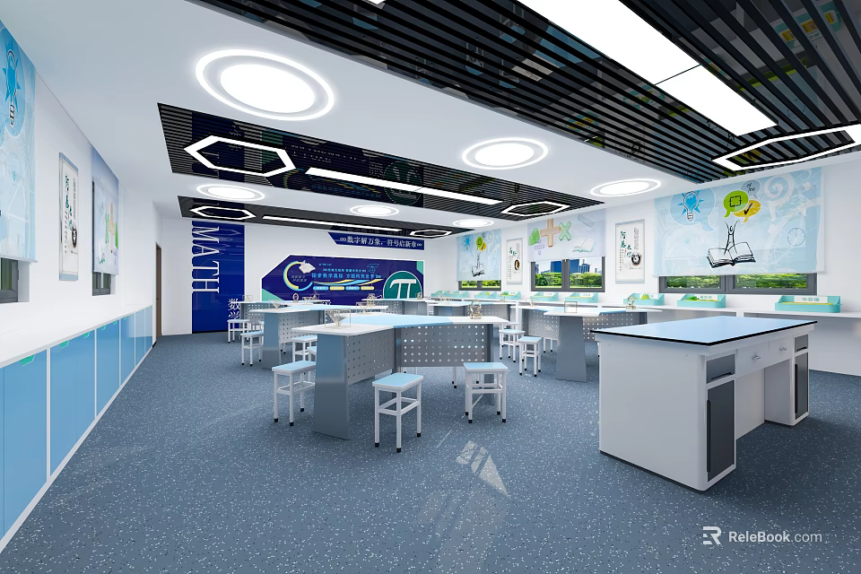 Modern Science Classroom Interior With Lab Tables Stools Wall Decorations And Ceiling Lights 3d model