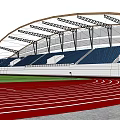 Sunlit Stadium Building With Red Running Track Blue Stands Green Lawn And Curved Roof