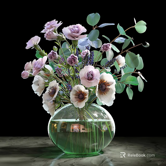 Round Glass Vase With Purple Pink White Flowers And Green Leaves 3d model 
