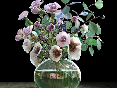 Round Glass Vase With Purple Pink White Flowers And Green Leaves 3d model