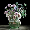 Round Glass Vase With Purple Pink White Flowers And Green Leaves