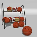 Sports Equipment Storage Rack with Multiple Basketballs Organized on Shelves and Floor