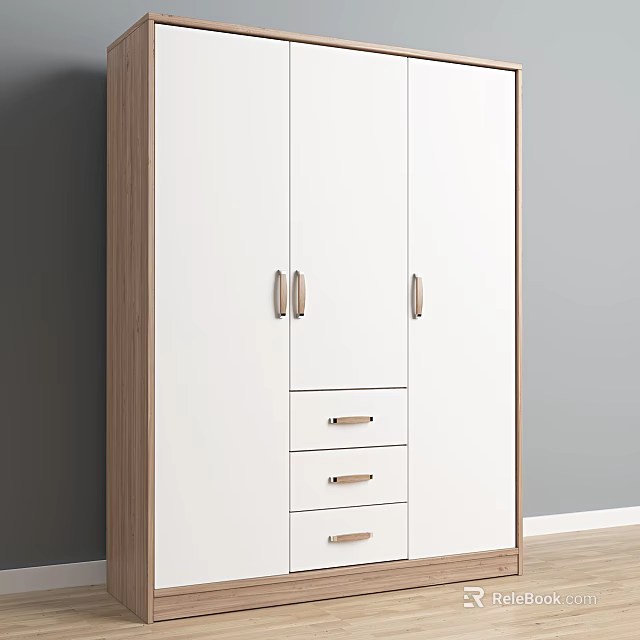 Modern Wardrobe With White Panels Wooden Frame Double Doors And Drawers Design 3d model 