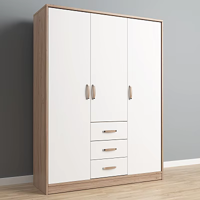 Modern Wardrobe With White Panels Wooden Frame Double Doors And Drawers Design 3d model