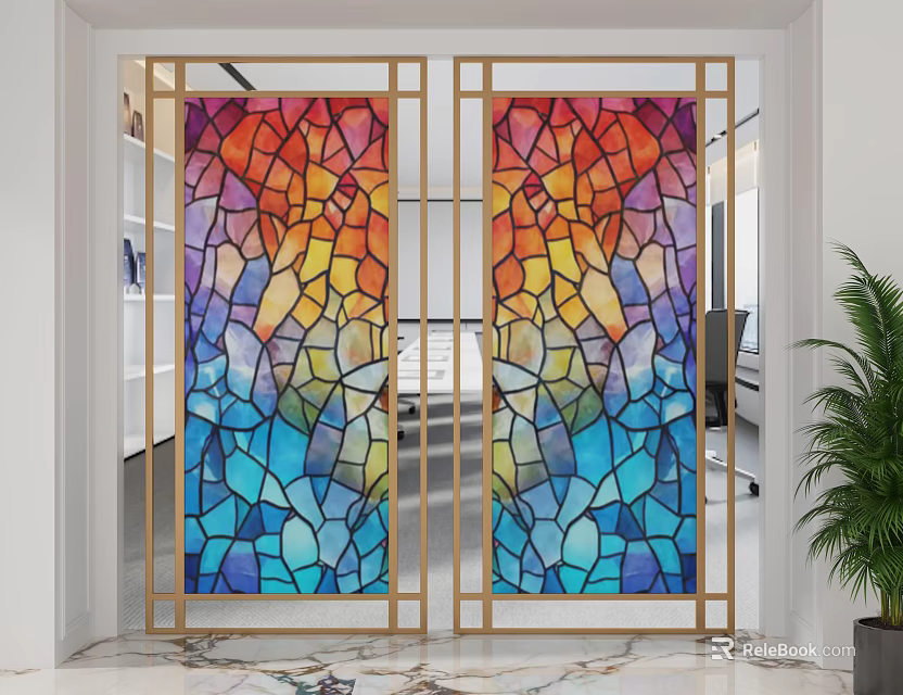 Colorful Stained Glass Screen With Golden Frame For Interior Decor 3d model 