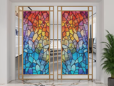 Colorful Stained Glass Screen With Golden Frame For Interior Decor 3d model