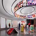 Modern Product Exhibition Hall With Circular Digital Screens And Red Decorated Displayed Products