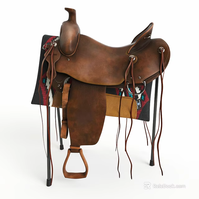 Brown Leather Western Saddle On Stand With Patterned Pad And Metal Hardware 3d model 