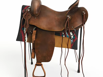 Brown Leather Western Saddle On Stand With Patterned Pad And Metal Hardware 3d model