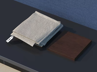 Soft Grey Linen Towel Neatly Folded With Wooden Tray On Dark Surface 3d model