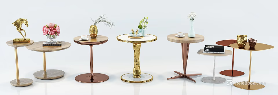 Elegant Modern Round Side Tables With Gold Copper Bases And Decorative Vases Trays Coffee Cups 3d model 