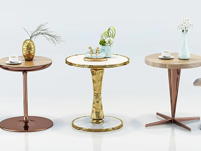 Elegant Modern Round Side Tables With Gold Copper Bases And Decorative Vases Trays Coffee Cups 3d model