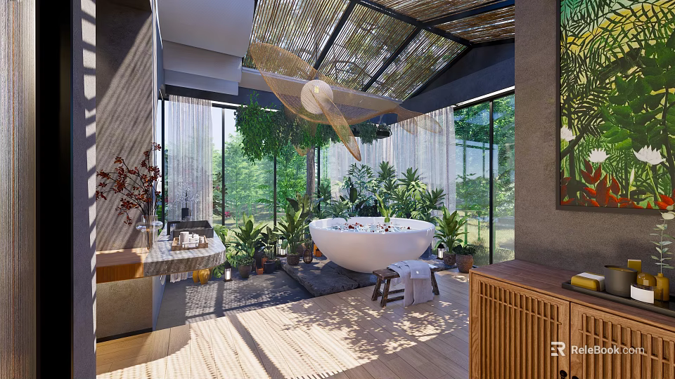 Elegant Hotel Bathroom With Bamboo Roof Glass Walls Natural Light And White Bathtub 3d model 