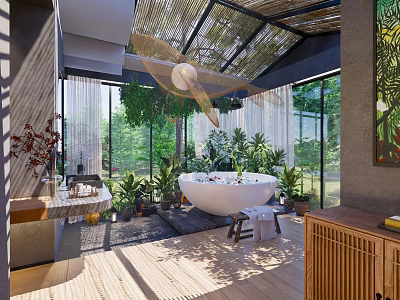 Elegant Hotel Bathroom With Bamboo Roof Glass Walls Natural Light And White Bathtub 3d model