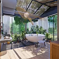 Elegant Hotel Bathroom With Bamboo Roof Glass Walls Natural Light And White Bathtub