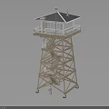 Wooden Watchtower Structure With Staircase Roofed Top Cabin Supportive Framework And Small Human Figure Beside