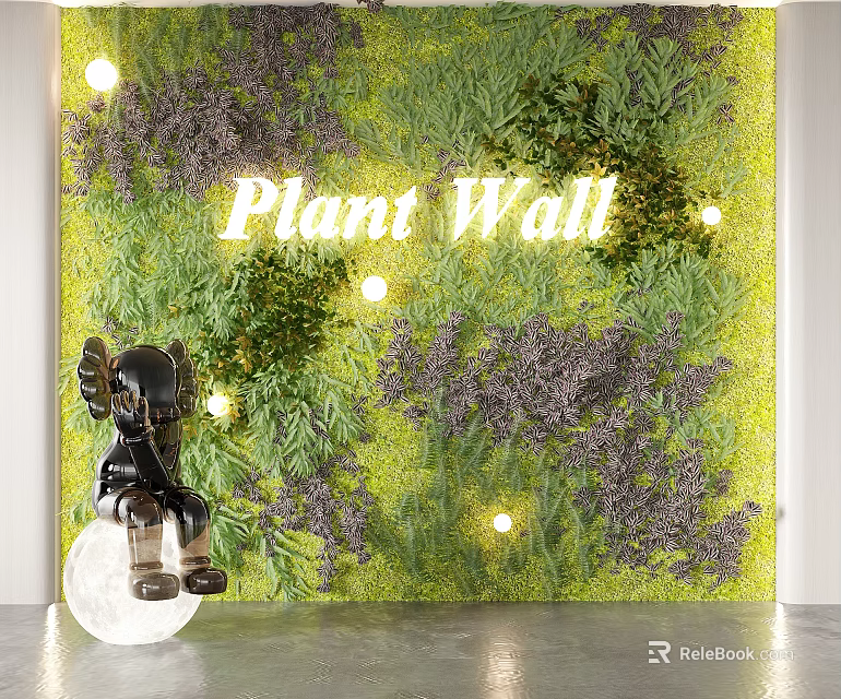 Indoor Decorative Plant Wall With Green Foliage Purple Lavender And Small Illuminated Lights 3d model 