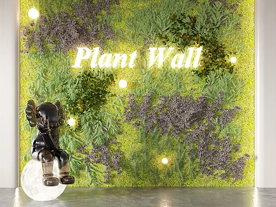 Indoor Decorative Plant Wall With Green Foliage Purple Lavender And Small Illuminated Lights 3d model