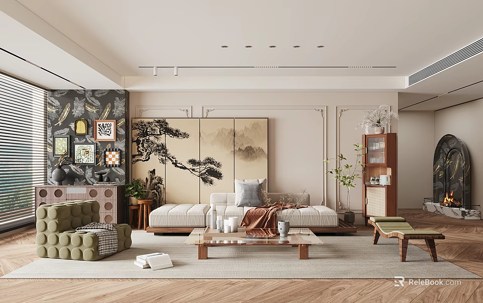 Elegant Modern Living Room Interior With Landscape Painting Green Sofa Wooden Coffee Table And Plants 3d model 