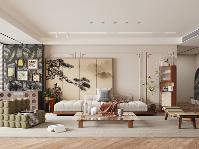 Elegant Modern Living Room Interior With Landscape Painting Green Sofa Wooden Coffee Table And Plants 3d model