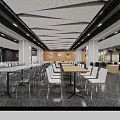 Modern Dining Hall Interior With Long Tables Chairs Grid Ceiling And Lighting 3d model