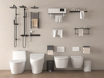 Modern toilet shower towel rack trash can 3d model