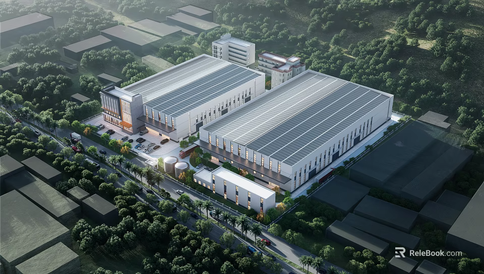 Modern Industrial Factory Building With Large Roof And Green Surrounding Trees 3d model 