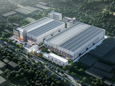 Modern Industrial Factory Building With Large Roof And Green Surrounding Trees 3d model