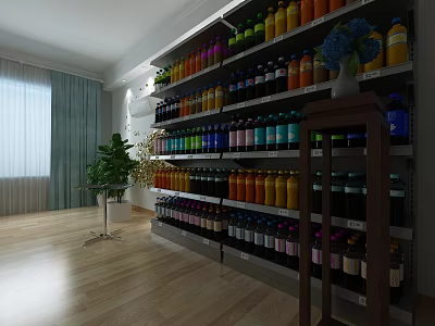 Retail Store Interior With Colorful Bottled Drinks On Shelves Green Curtains Plant And Wooden Floor 3d model