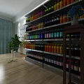 Retail Store Interior With Colorful Bottled Drinks On Shelves Green Curtains Plant And Wooden Floor