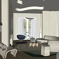 Modern Living Room With Curved Design White Sofa Round Mirror Natural Light And Greenery