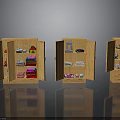 Three Wooden Storage Cabinets with Open Doors Containing Clothes Shoes And Items